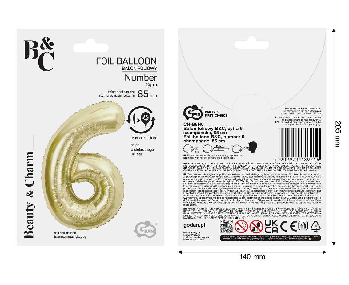 Foil balloon B&C, number 6, champagne, 85 cm